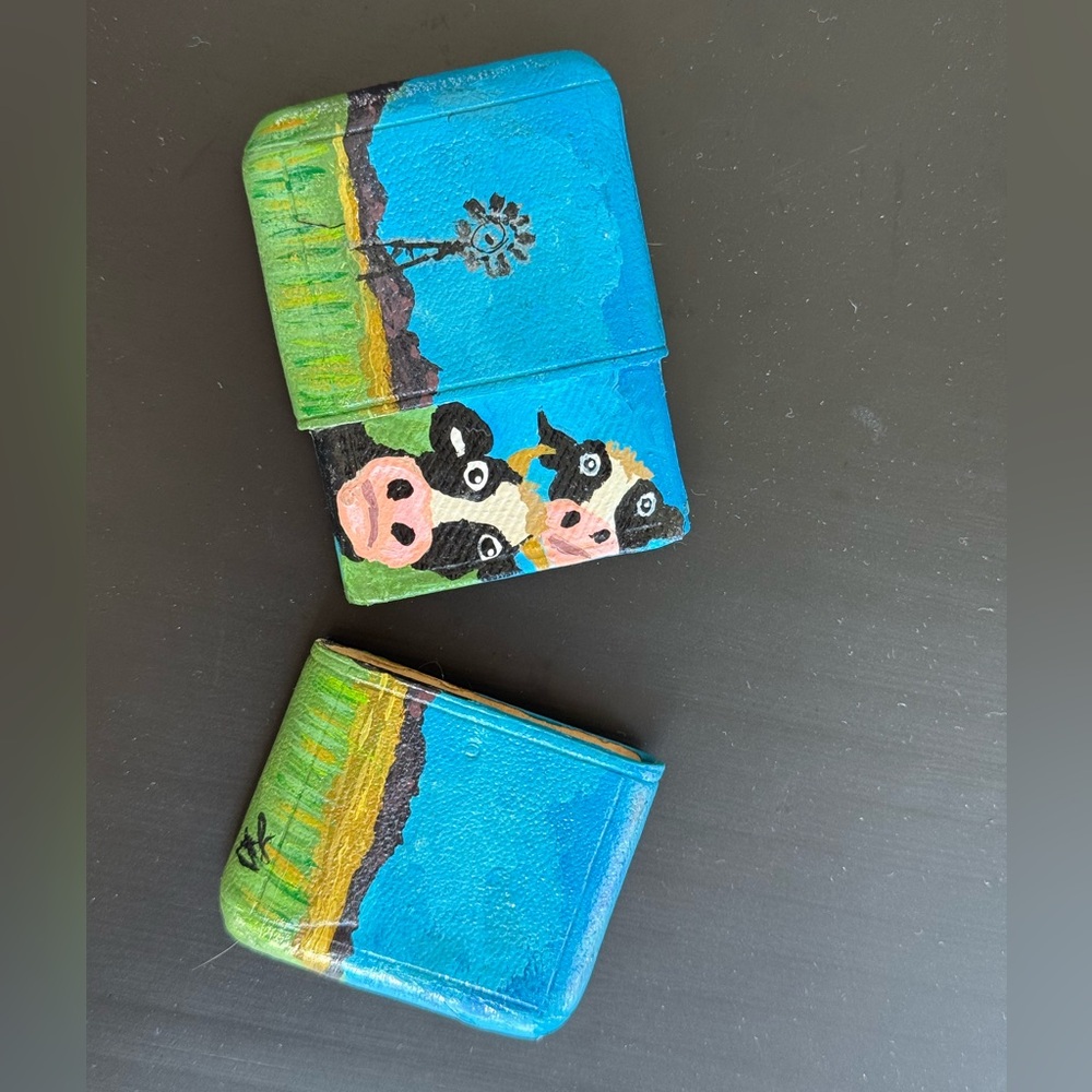 RARE Vintage Card Holder with Adorable Hand Painted Ranch Theme Cows